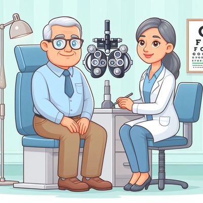 Cartoon of someone getting their eyes checked by a doctor in an office.