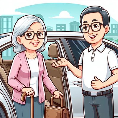 A cartoon of an elderly woman entering the backseat of a sedan. The friendly  male driver stands by.