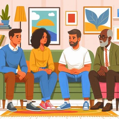 A cartoon of four, racially diverse middle aged people sitting in a colorful living room.
