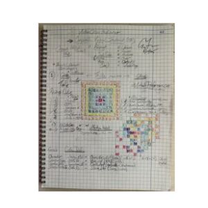 Notebook page with handwritten notes and colorful grid sketches on graph paper.