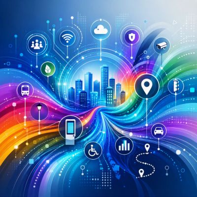 Colorful digital cityscape with connected smart technology icons.