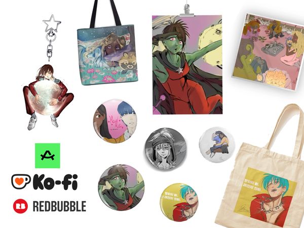 Assorted merchandise including bags, keychains, and buttons with anime-style artwork.