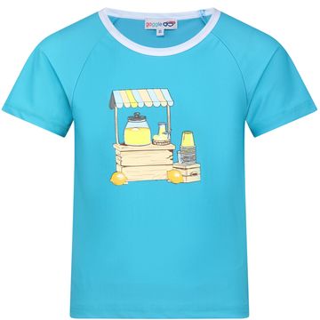 Blue t-shirt with a cute lemonade stand print on the front.