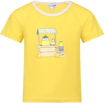 Yellow kids' t-shirt with a cute lemonade stand illustration.