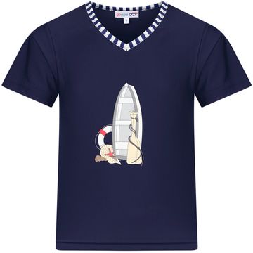 Navy blue V-neck T-shirt with a nautical-themed graphic of a boat and life preserver.