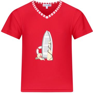Red V-neck T-shirt with nautical design and striped collar.