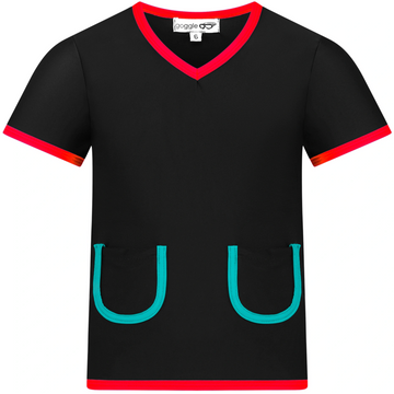 Black V-neck shirt with red trim and teal pocket outlines.
