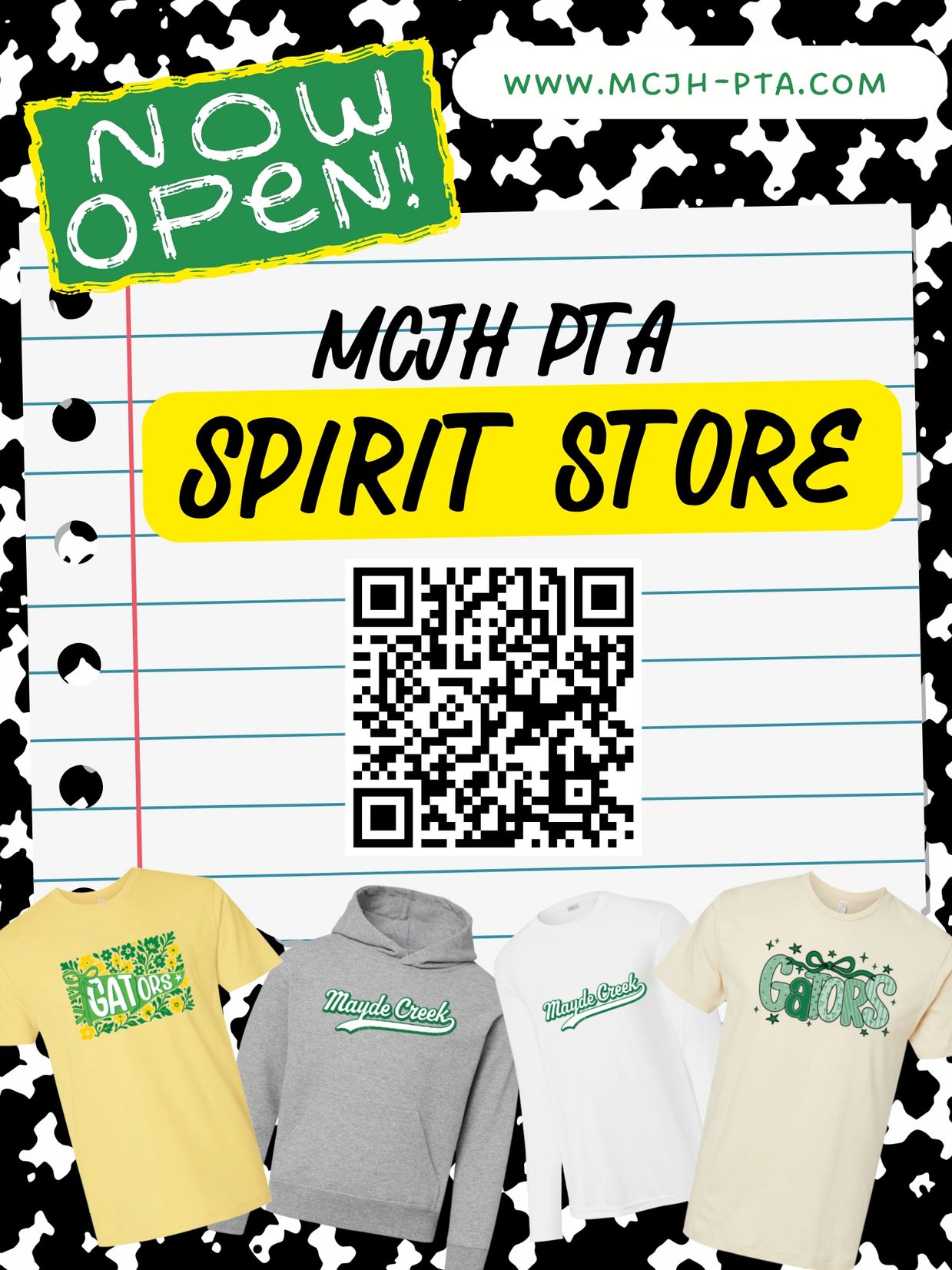 Announcement for MCJH PTA Spirit Store opening with QR code and apparel.