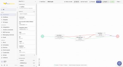 FlowWeaver canvas showing the DNS Audit workflow: dns-reconcile, send-report-email and notify-failur