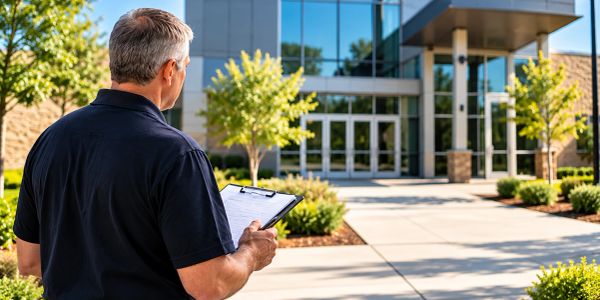 Man inspecting building with clipboard.