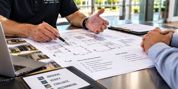Two professionals discussing building plans and security assessment.