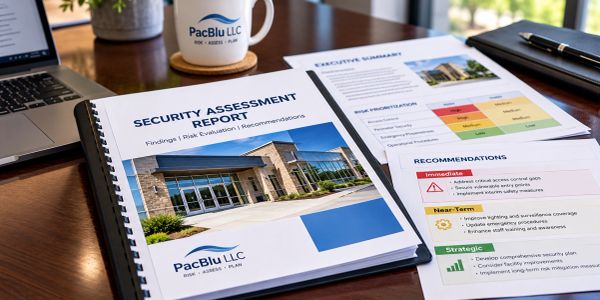 Security assessment report and recommendations on a desk.