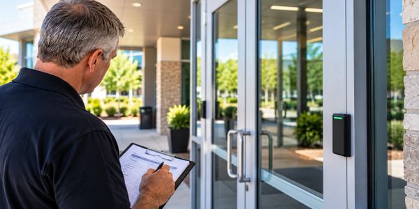 Man inspecting electronic door access panel with clipboard.