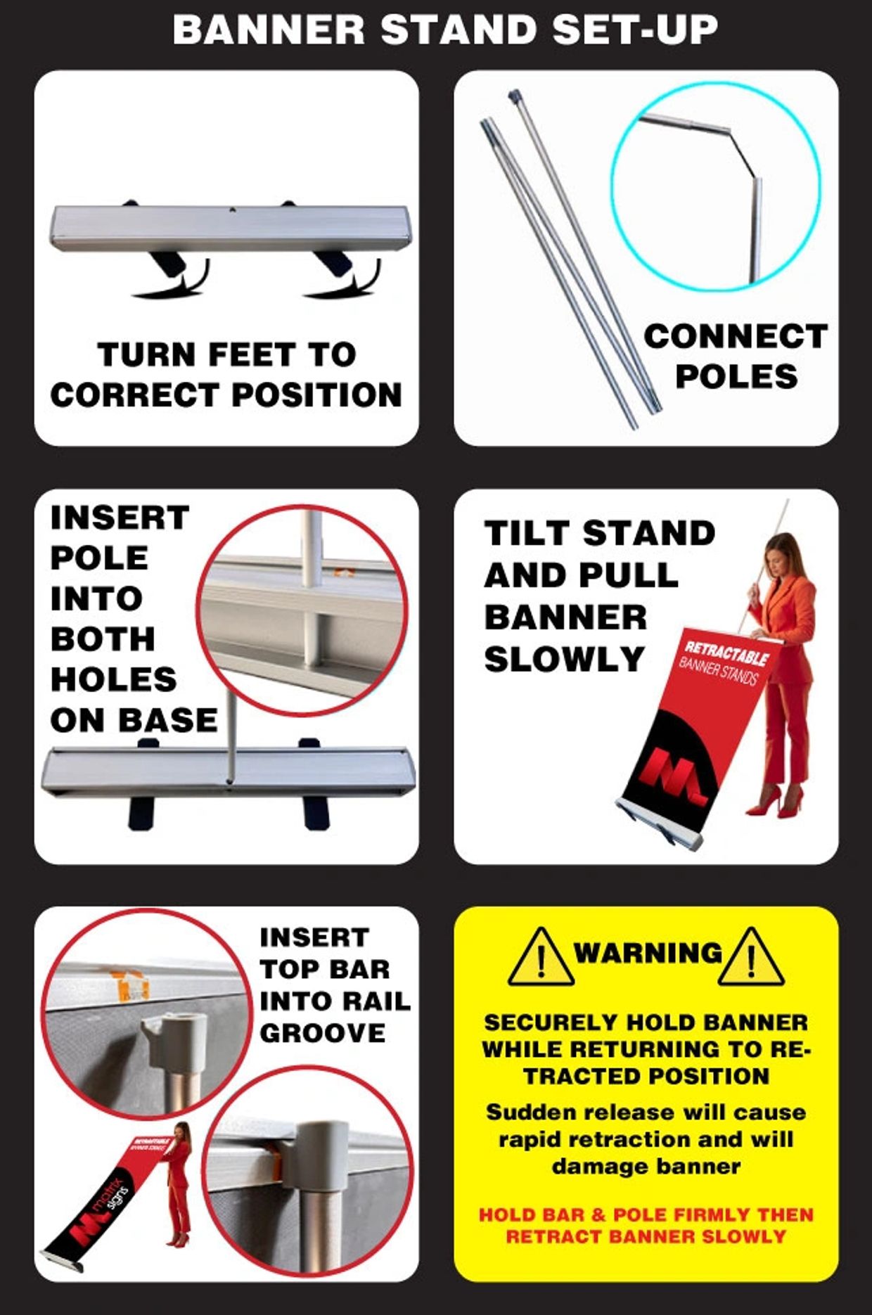Step-by-step banner stand setup and safety warning instructions.