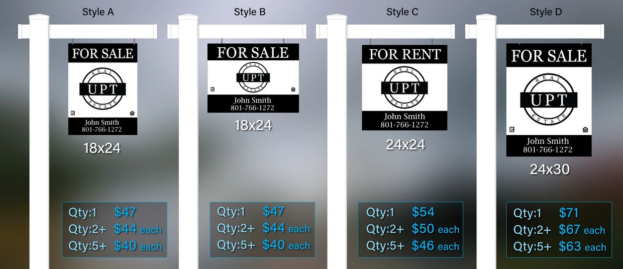 Comparison of four real estate sign styles with pricing and quantities.