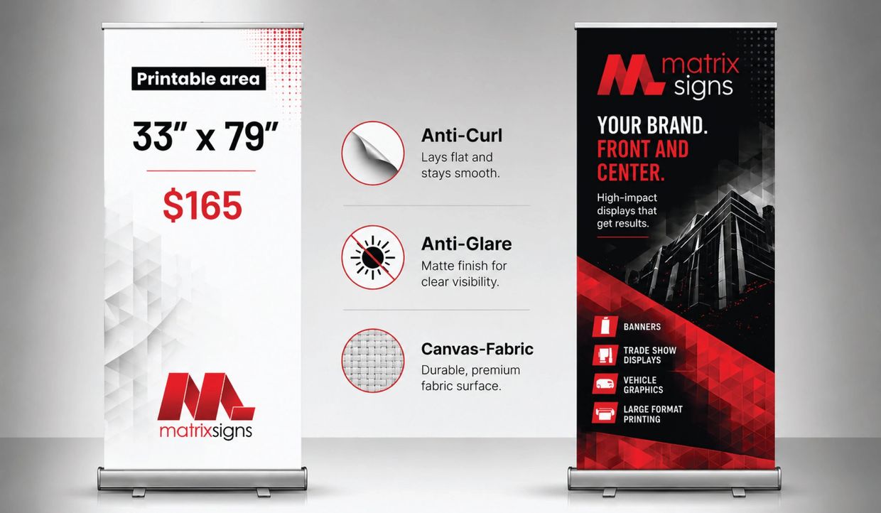 Two promotional banners for Matrix Signs with product details and price.