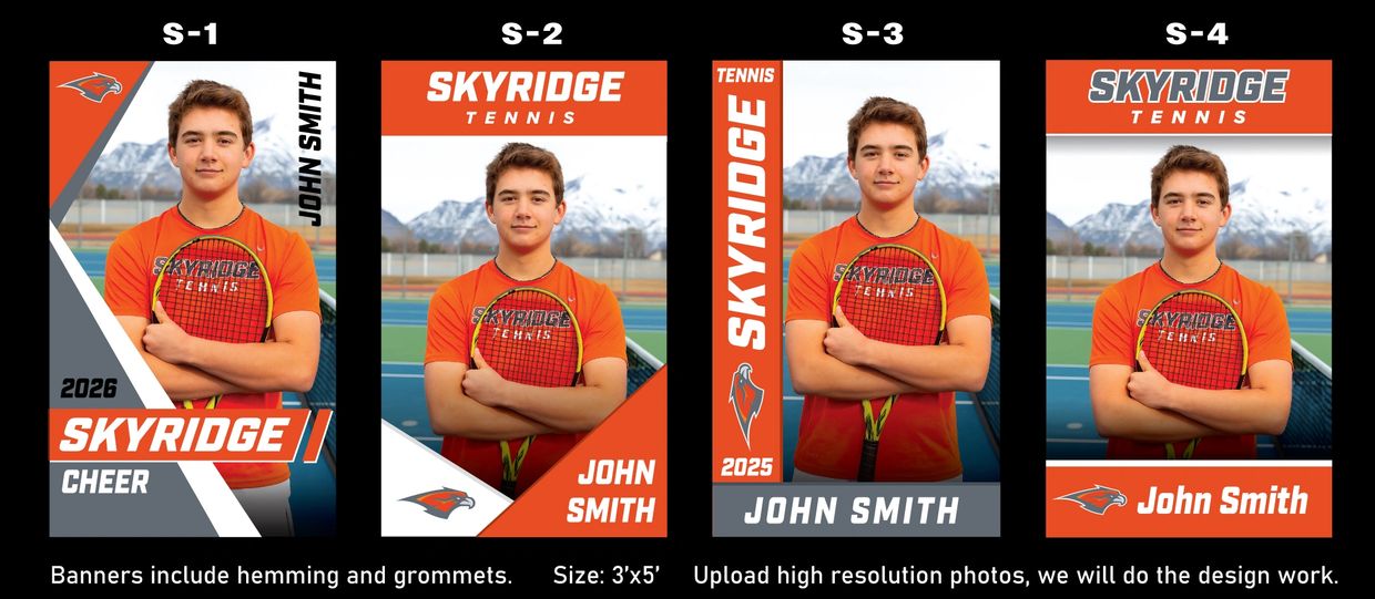 Four different Skyridge tennis banners featuring John Smith with tennis racket.