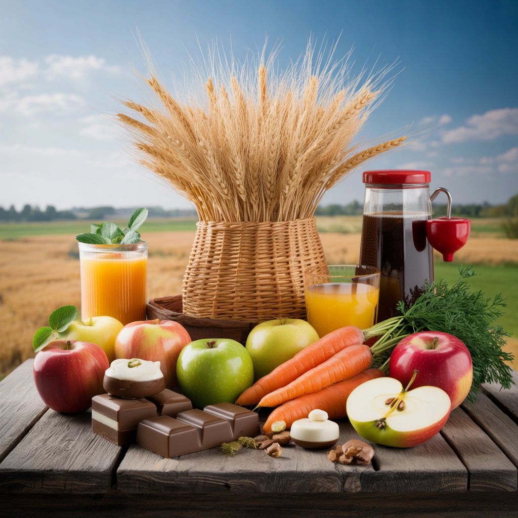 A rustic arrangement of fresh fruit, vegetables, chocolate, and juice on a wooden table.