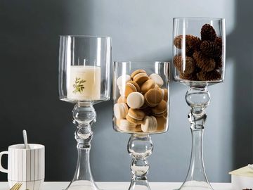 Diamond Star Set of 3 Long Stemmed Clear Glass Candle Holder Elegant Pedestal Tea Light Holders