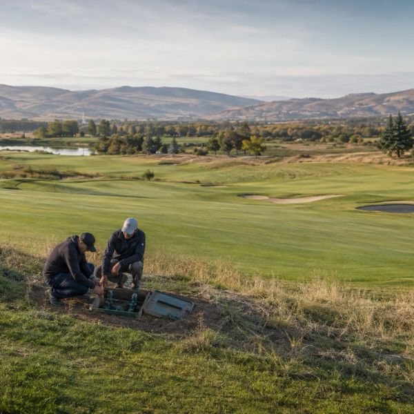 Two men working on a golf course irrigation system.