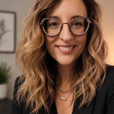 Smiling woman with wavy hair and glasses.