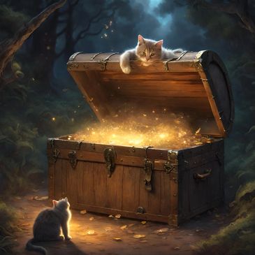 Cartoon of an open travel trunk with glowing treasure inside and two kittens looking on.