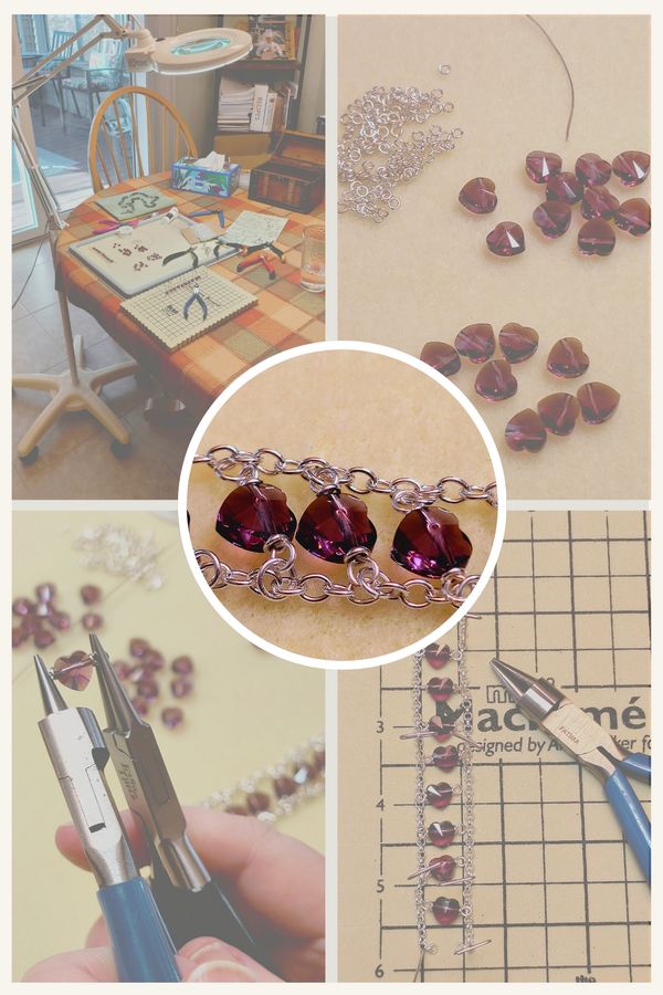 Handmade ladder rosary in progress with crystal heart beads, chain, tools, and loop-forming details.