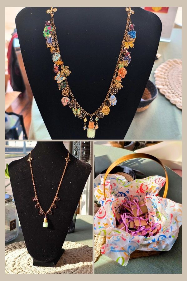 Top, necklace of many charms. Below left, starting necklace. Right, basket of wrapped packages.