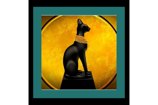 The black cat, Bastet, wearing an egyptian beaded collar against a golden sun and framed in teal.