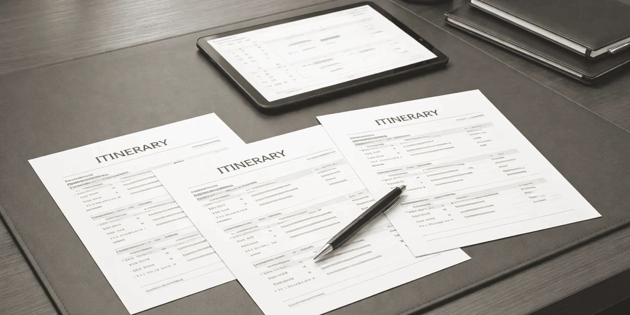 Executive desk with printed itineraries, tablet, pen, and neutral lighting