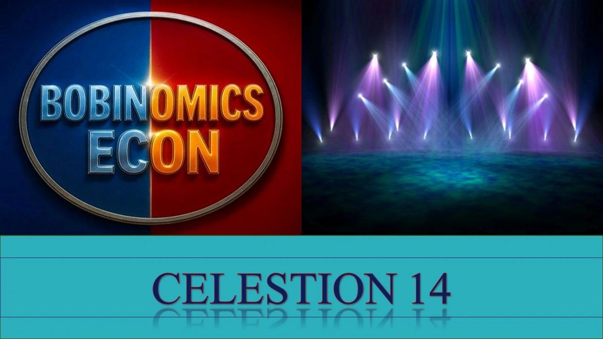 Logo for Bobinomics Econ with stage lights and Celestion 14 text.