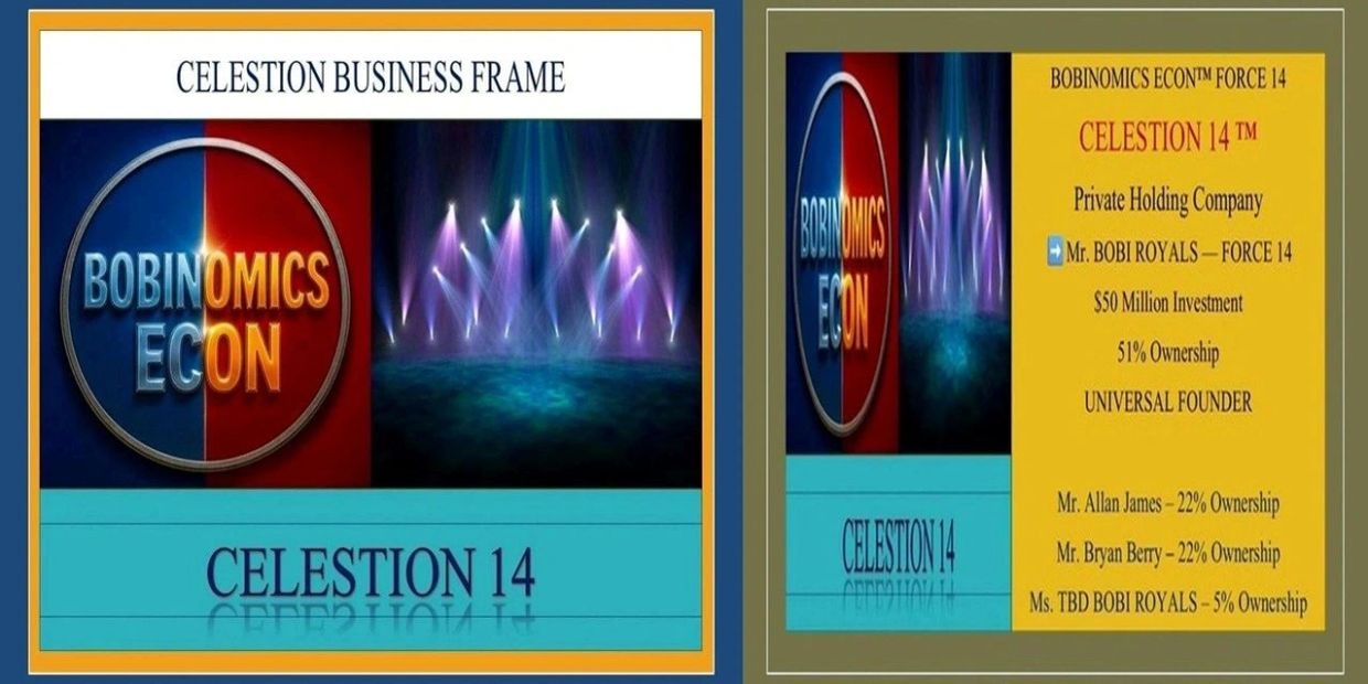 Business frame for Celestion 14 by Bobinomics Econ with investment and ownership details.
