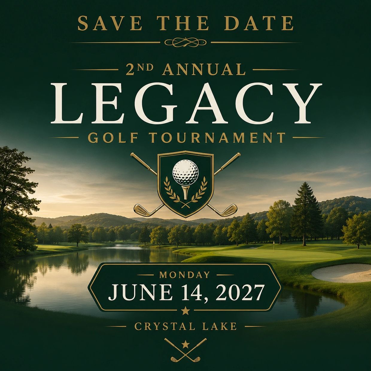Save the date for the 2nd Annual Legacy Golf Tournament on June 14, 2027 at Crystal Lake.