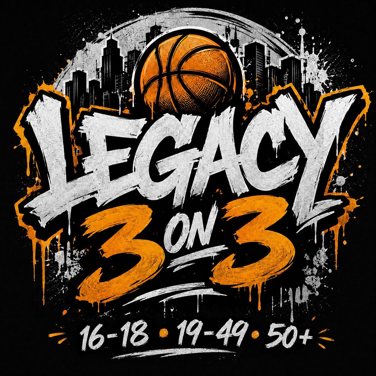 Graffiti-style basketball logo with "Legacy 3 on 3" and age groups.