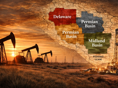 Permian Basin oil and gas title research map showing Delaware Basin, Midland Basin, and federal leas