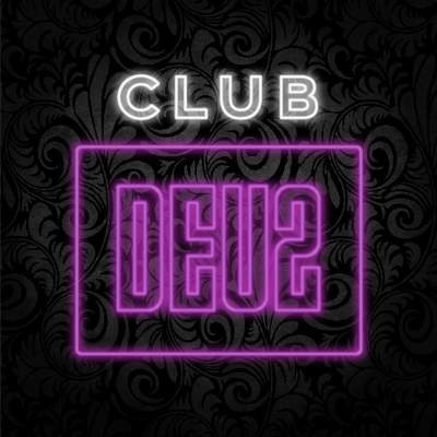 Neon sign reading 'Club Deus' with purple and white lighting.