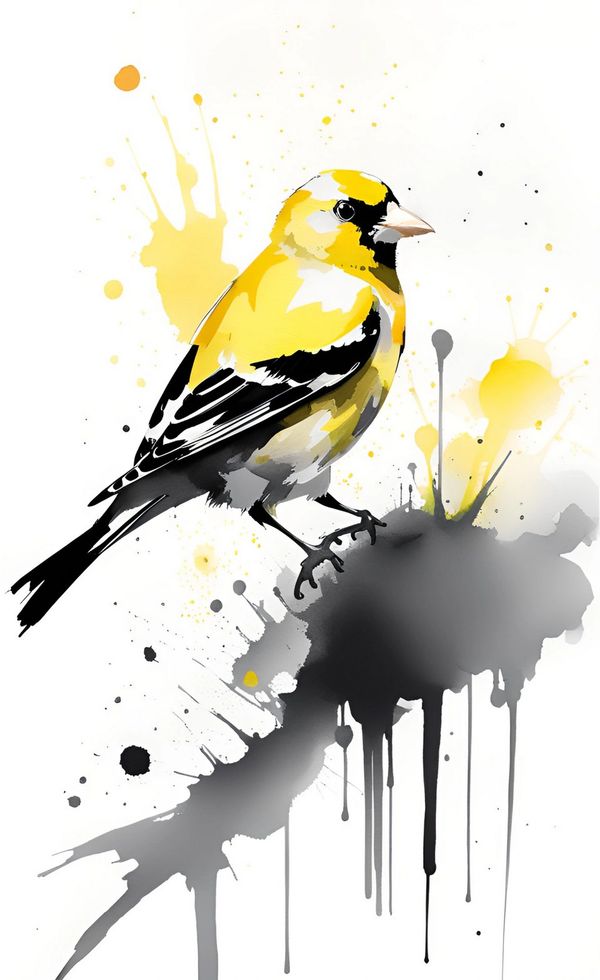 The beautiful yellow and black American Goldfinch, in striking colors, in a loose watercolor style.