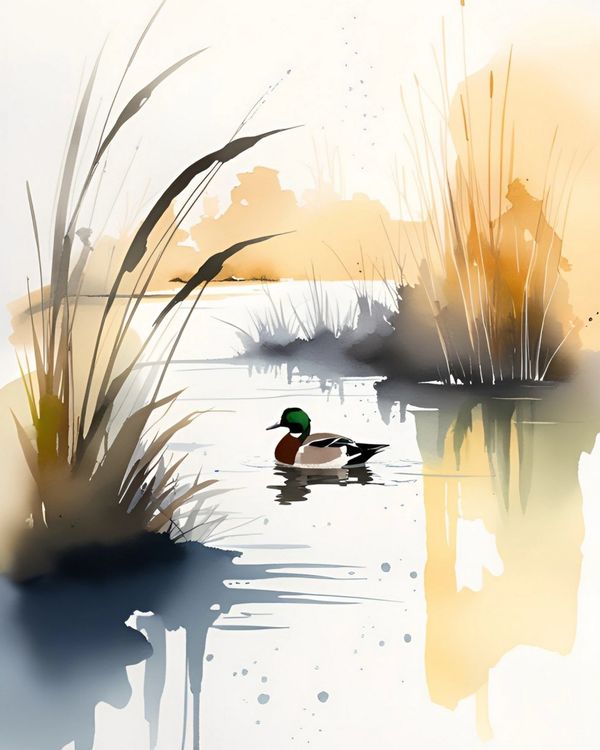 This stunning illustration captures a duck peacefully swimming in a serene waterscape. 
