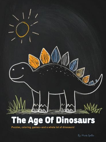 Chalkboard-style drawing of a happy dinosaur under a sun.