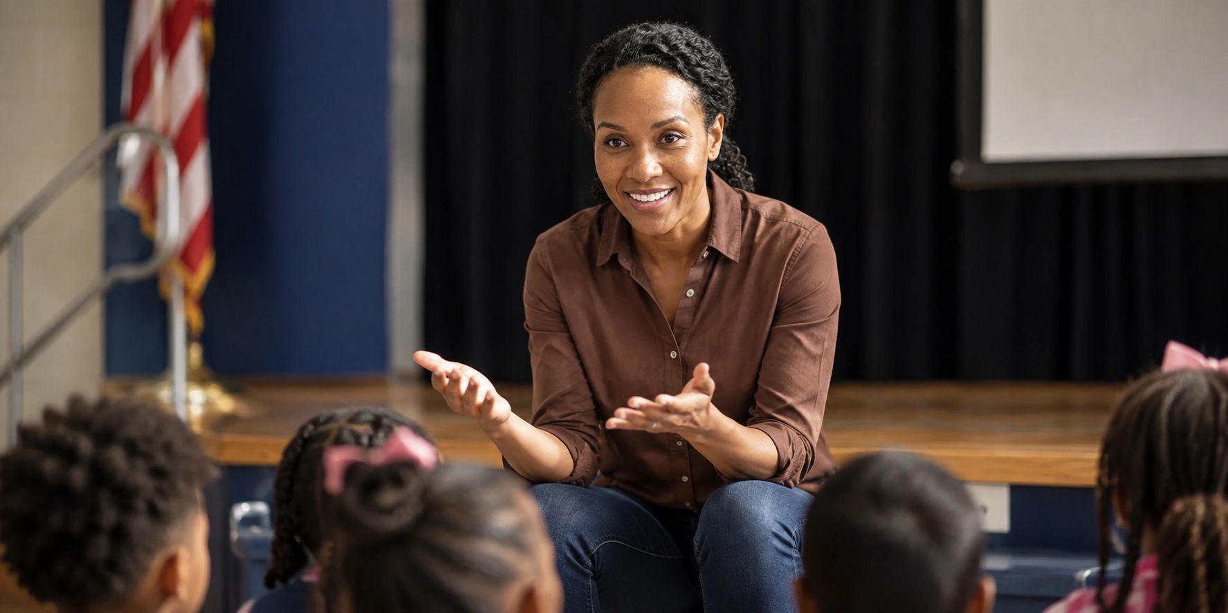 Minta Speller engaging with children during an interactive author visit.