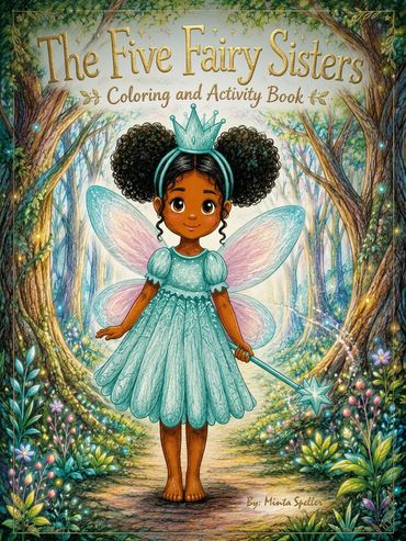 A fairy girl with curly hair and blue dress in a forest.