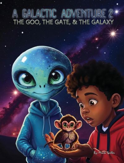 A boy and an alien with a small monkey under a starry sky.