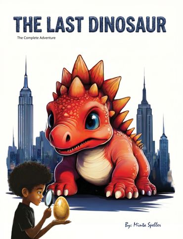 A boy holding a golden egg with a giant red dinosaur and city skyline behind.