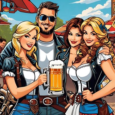 A cheerful man with three women in traditional beer garden attire holding a beer mug.