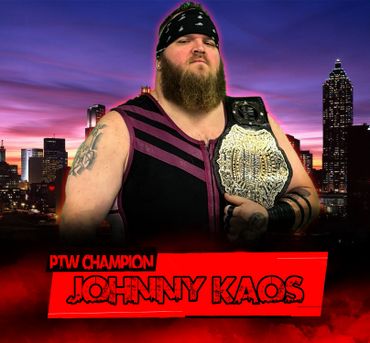 Wrestler Johnny Kaos with championship belt against city skyline at sunset.