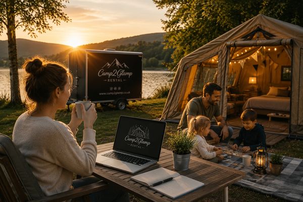 Family enjoying glamping by the lake at sunset with cozy tent and laptop.