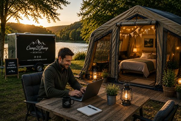 Man working on laptop outside a luxury glamping tent by a lake at sunset.