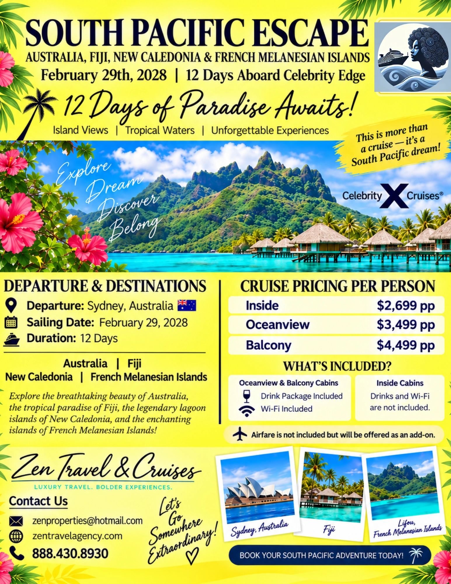 South Pacific cruise escape with island views and tropical waters.