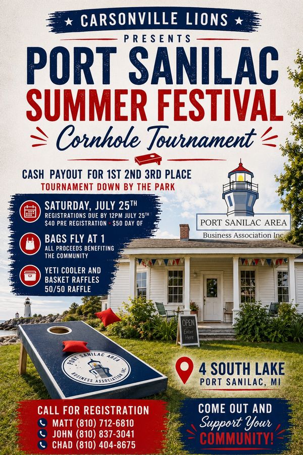 Port Sanilac Summer Festival Cornhole Tournament with cash prizes, raffles, and community fun on July 25th.
