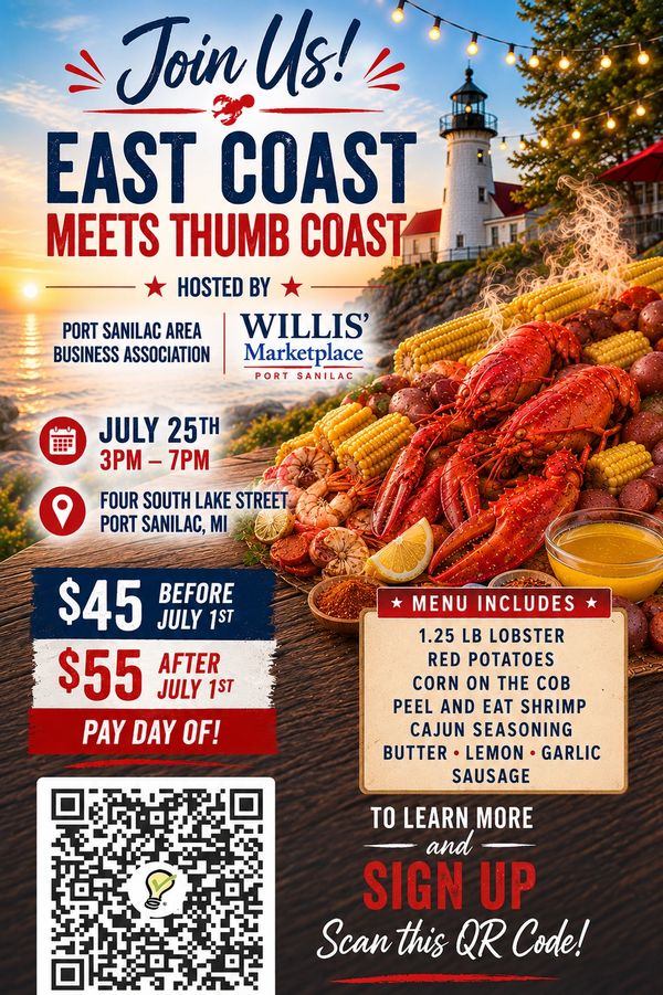 East Coast meets Thumb Coast lobster feast event in Port Sanilac, MI on July 25th.